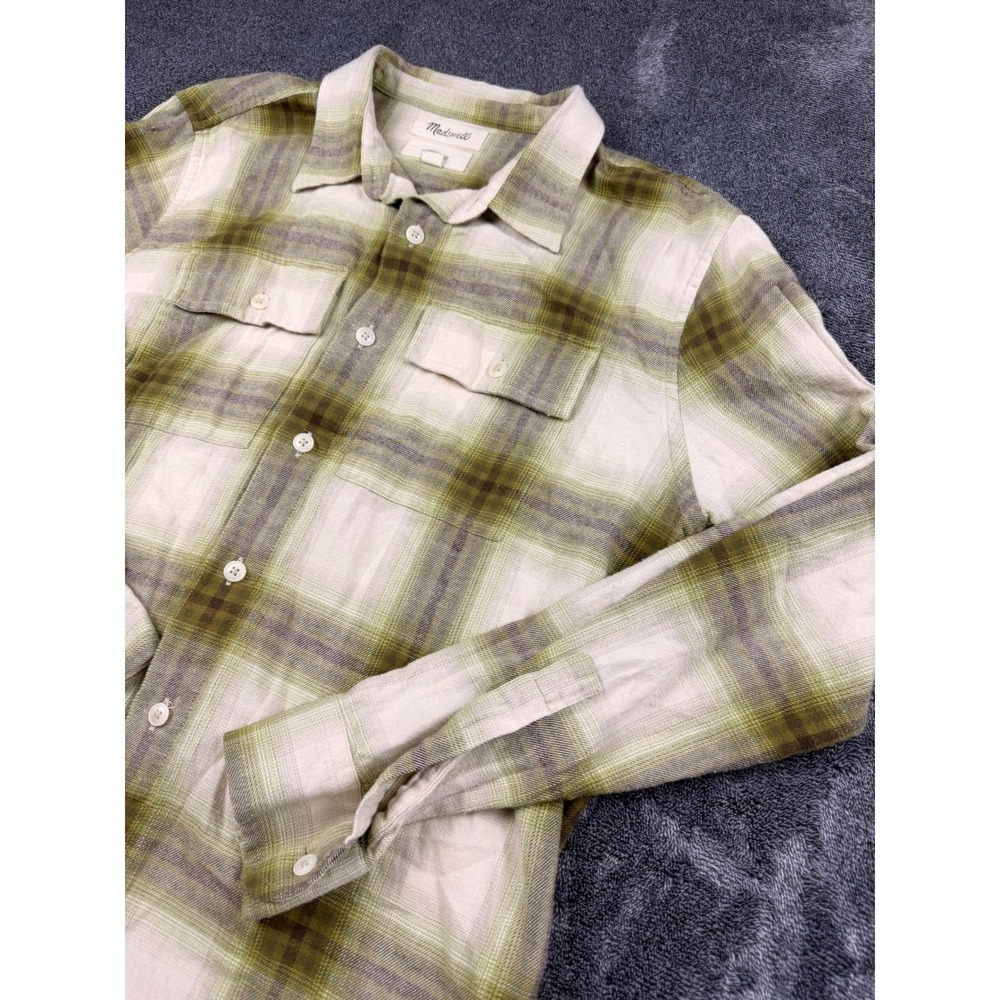 Madewell Mens Perfect Fit Flannel Shirt Medium Olive Green Plaid Button Down